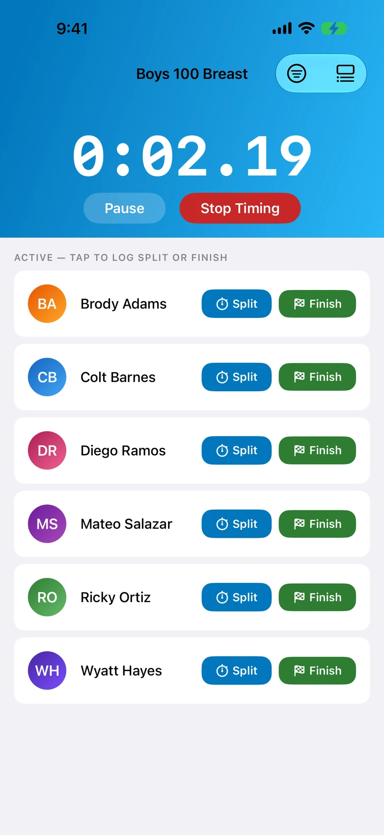 Swim Team Timer — heat timing, combined leaderboard