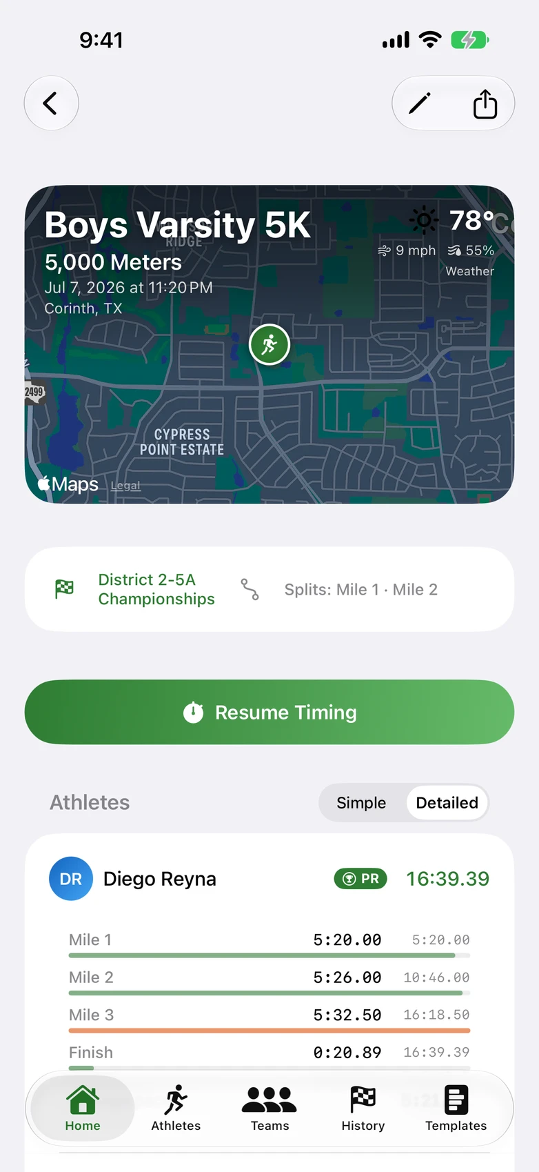 XC Team Timer — race detail with map header + weather