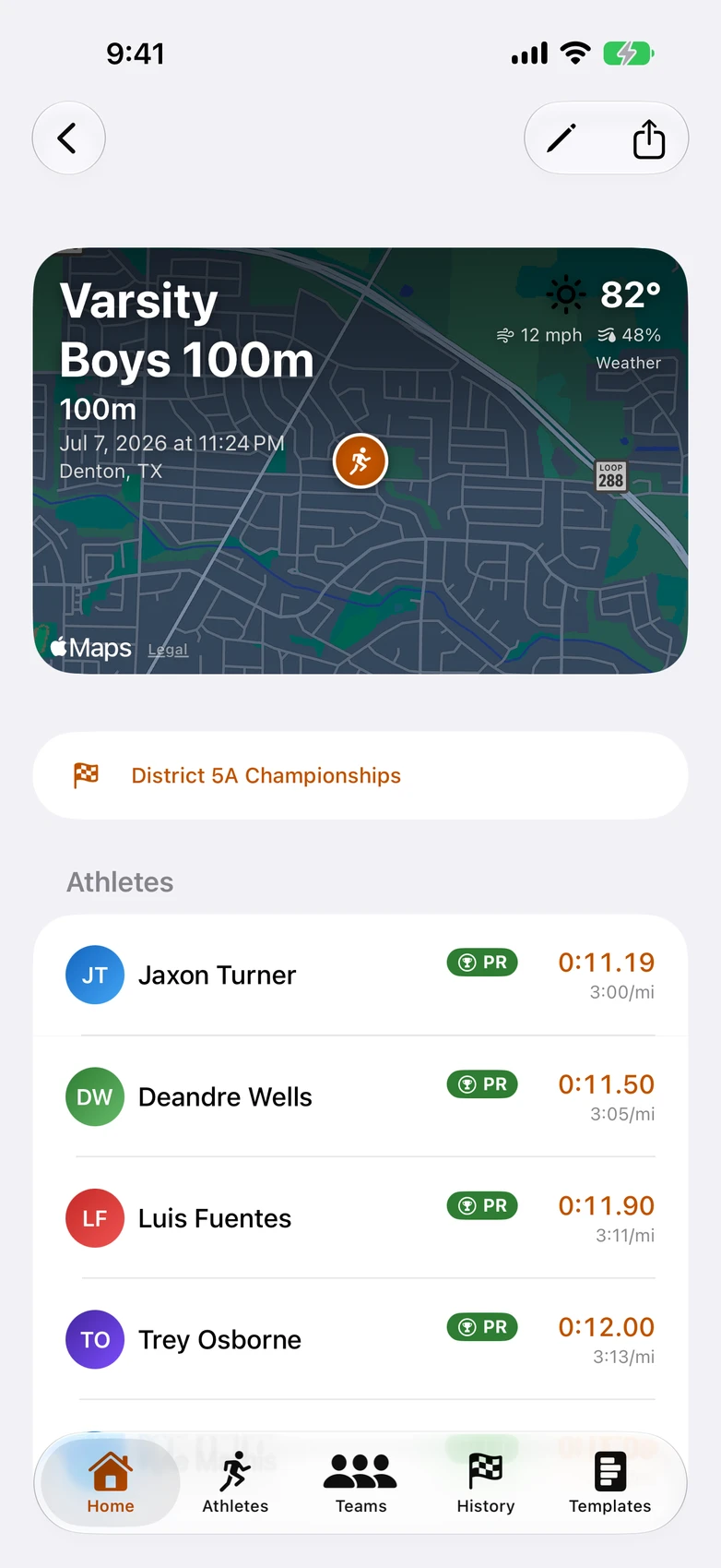 Track Team Timer — race detail with map header + weather