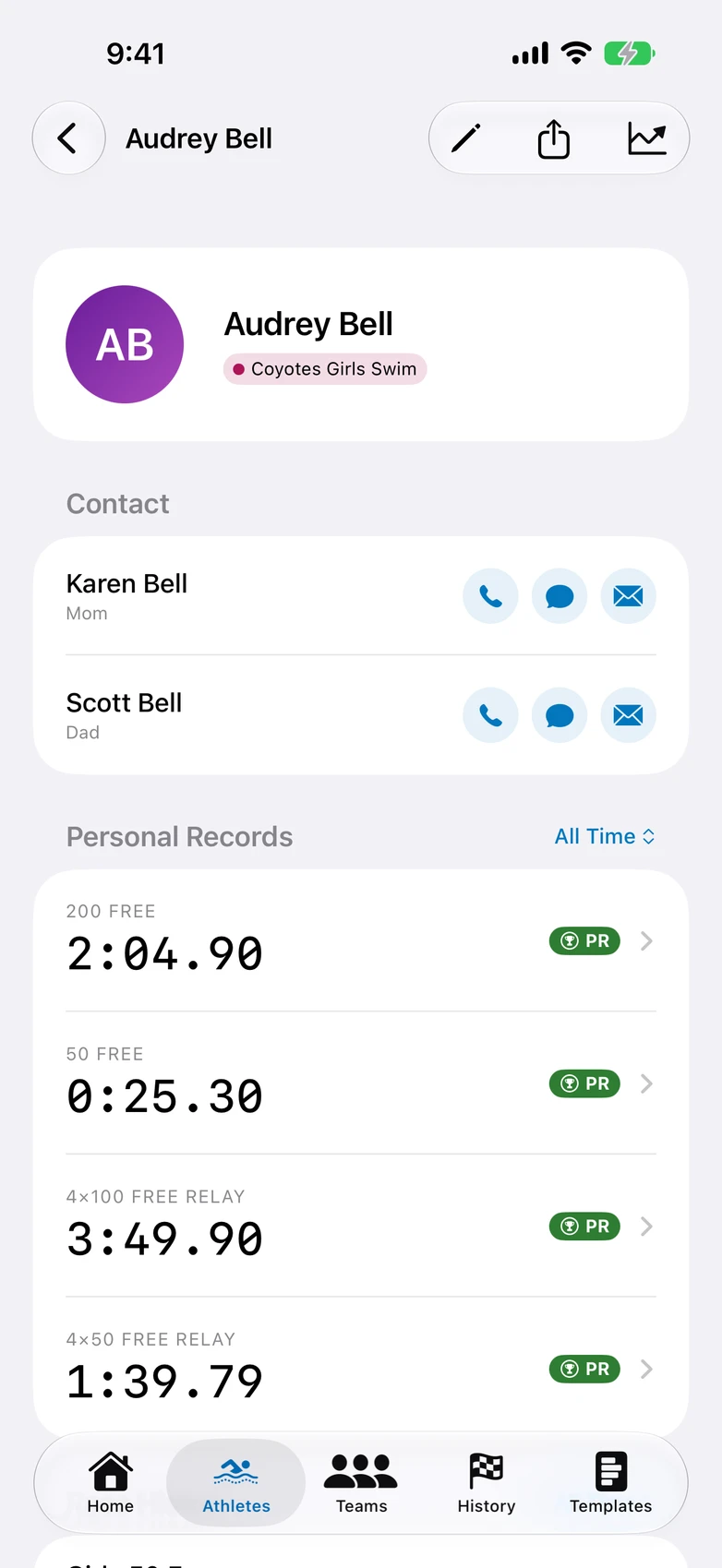 Swim Team Timer — athlete page with PR badges