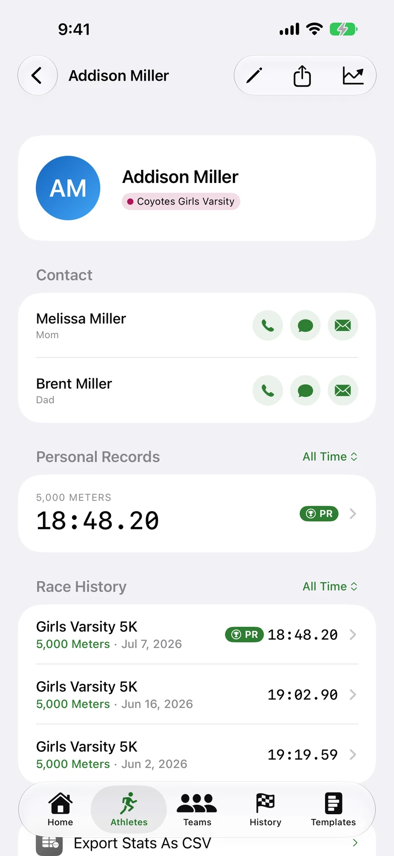 XC Team Timer — athlete profile with PR badges