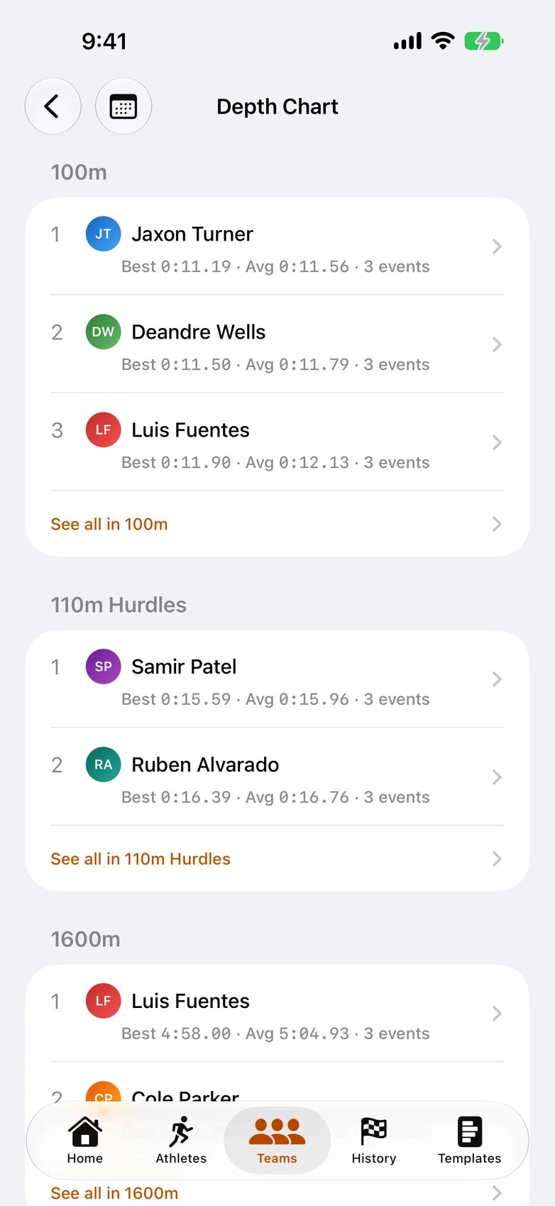 Track Team Timer — team depth chart