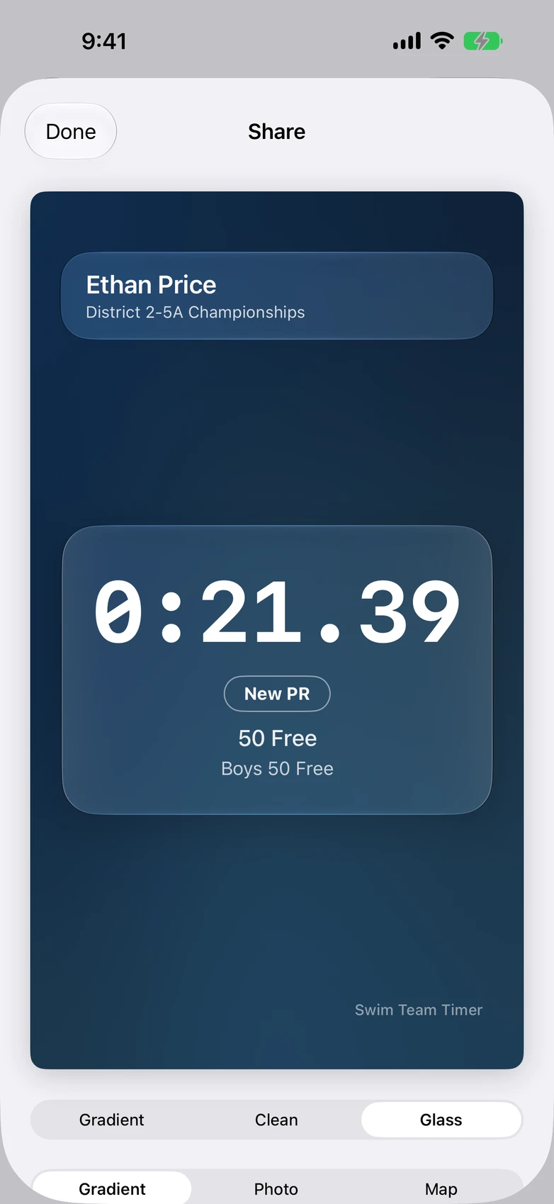 Swim Team Timer — share card ready for the group chat