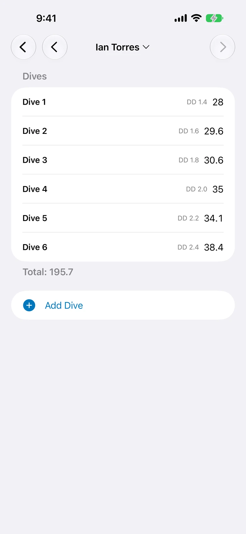 Swim Team Timer — dive sheet entry with judge scores