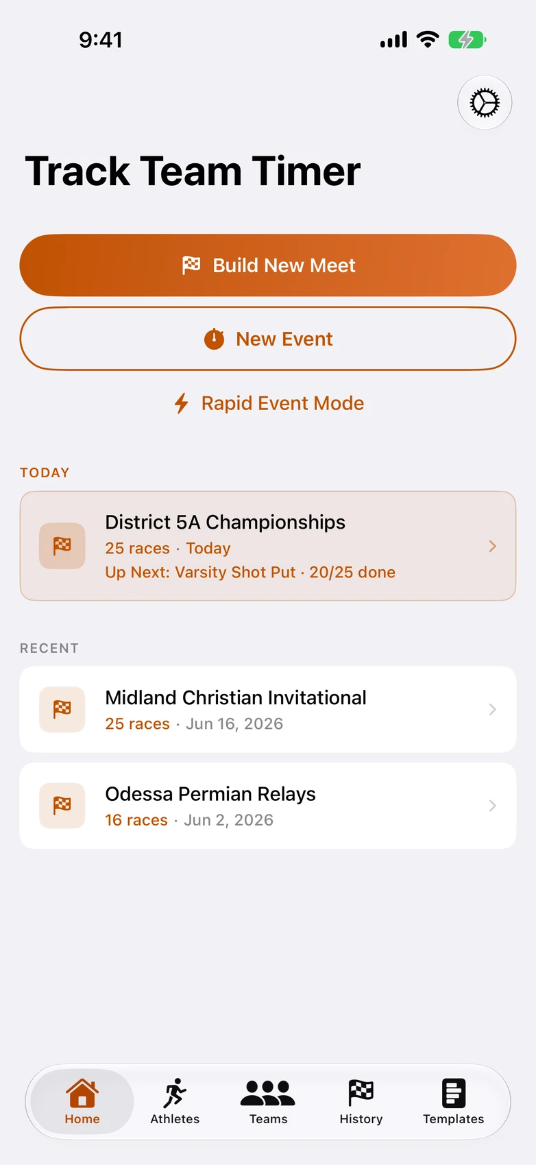 home dashboard, today's meet card