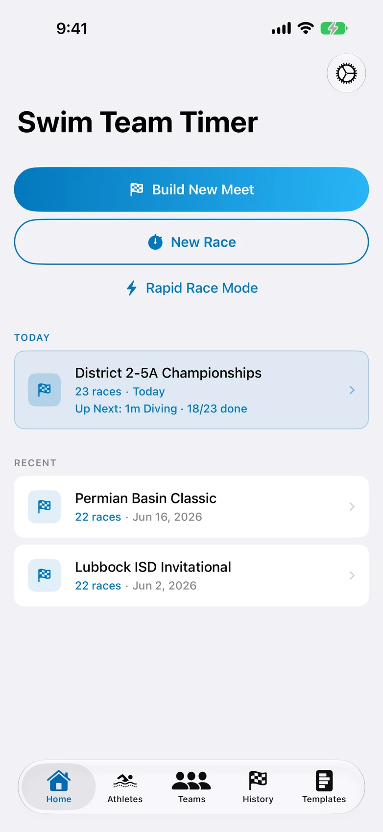 Swim Team Timer — home dashboard, today's meet card