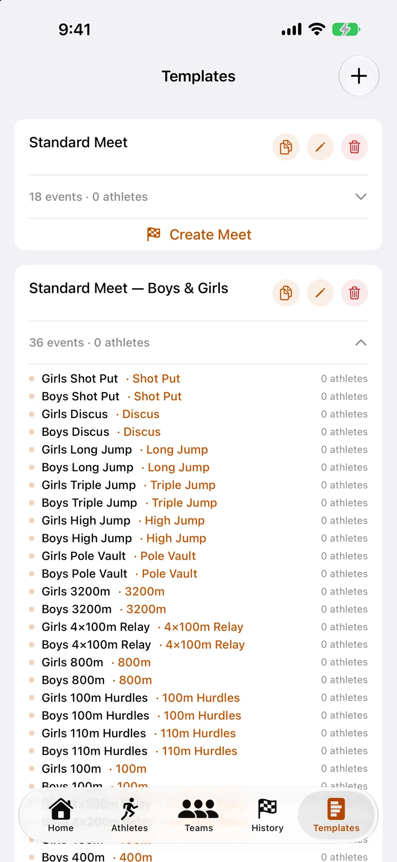 Track Team Timer — meet templates, reuse all season