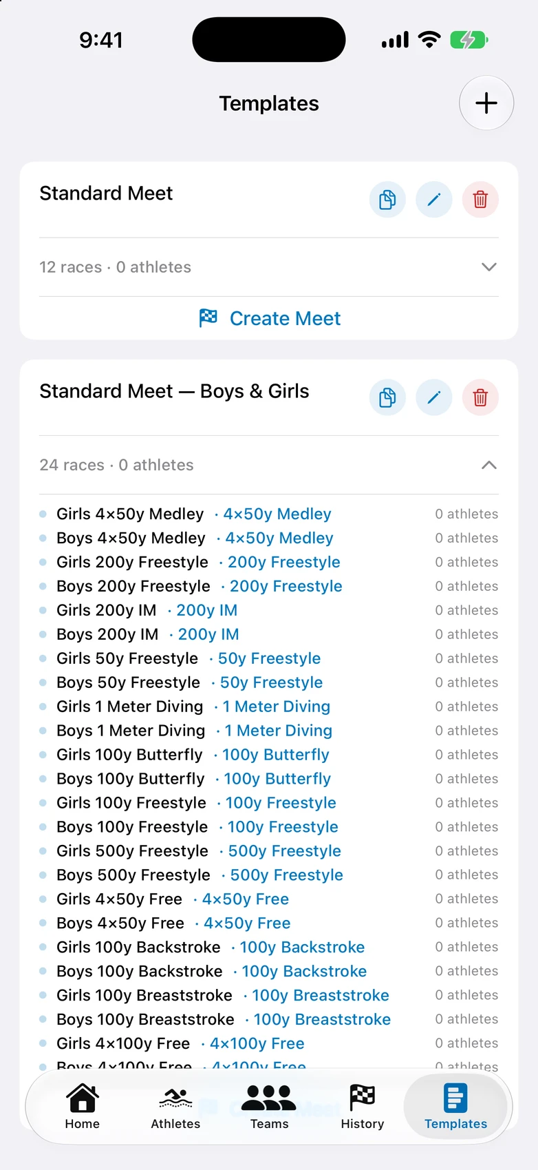 Swim Team Timer — meet templates, reuse all season